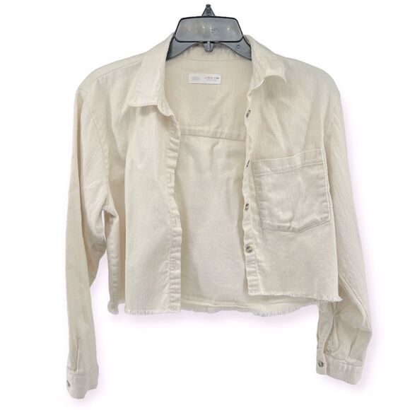 ZARA Girl’s Cream Button Front Denim Frayed Hem Cropped Top Size 13/14 - Picture 12 of 12